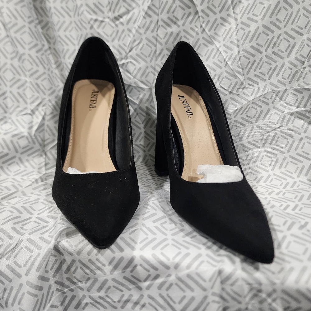 Justfab  Women's Elegant Black Chunky Heels Suade Size 9.5 Bnib